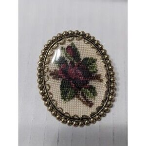 MCM Needlepoint Floral Brooch/Pendant Gold Tone Frame Rose Design Pin Jewelry